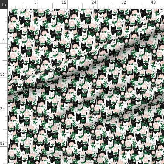 Various Fabrics by the Yard or Fat Quarter Whimsical Cats Black And White Flowers Garden Kitten Cute Folk Art Dollhouse Small Scale Leaves Cat Faces Playful Kittens Abstract Custom Printed Fabric by Spoonflower {1}