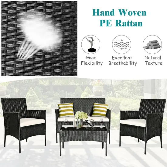 4 Pcs Patio Rattan Cushioned Sofa Furniture Set with Tempered Glass Coffee Table White {3}