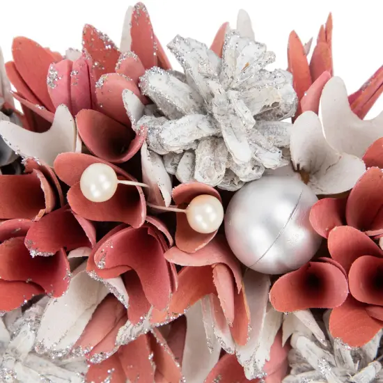 Northlight 13" Pink and White Wooden Floral Christmas Wreath with Pinecones {6}