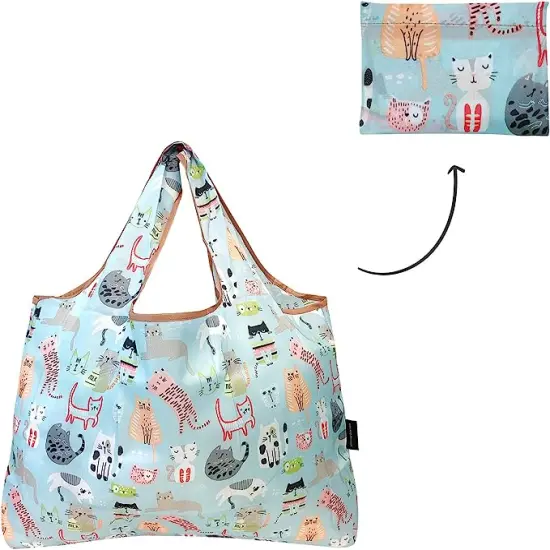 Wrapables Large Foldable Tote Nylon Reusable Grocery Bag, 3 Pack Cat Lovers {5}