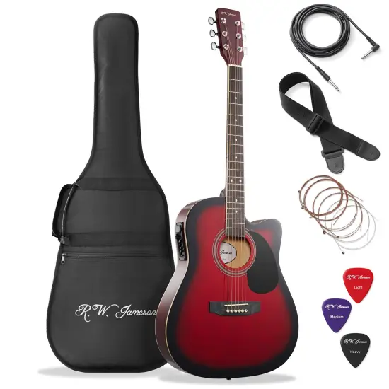 Jameson Guitars Full Size Thinline Acoustic Electric Guitar with Free Gig Bag Case & Picks Red {1}