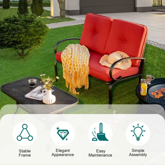 2 Pieces Patio Outdoor Cushioned Coffee Table Seat Red {3}
