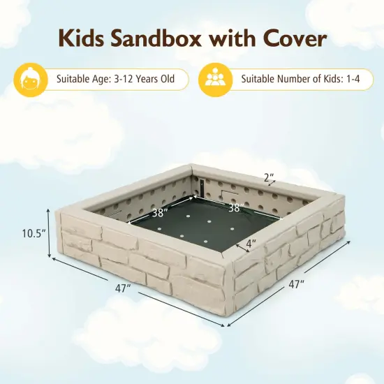 Costway Kids Sandbox with Cover Bottom Liner Backyard Beach HDPE Sandpit for Outdoor Play Brown/White/Gray {3}