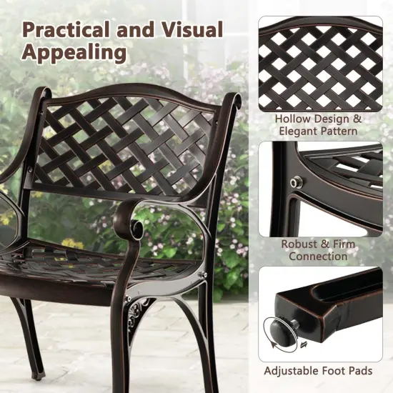 Costway 2/4 PCS Cast Aluminum Patio Chairs Set of 2 All Weather Outdoor Dining Chairs with Armrests Bronze {6}