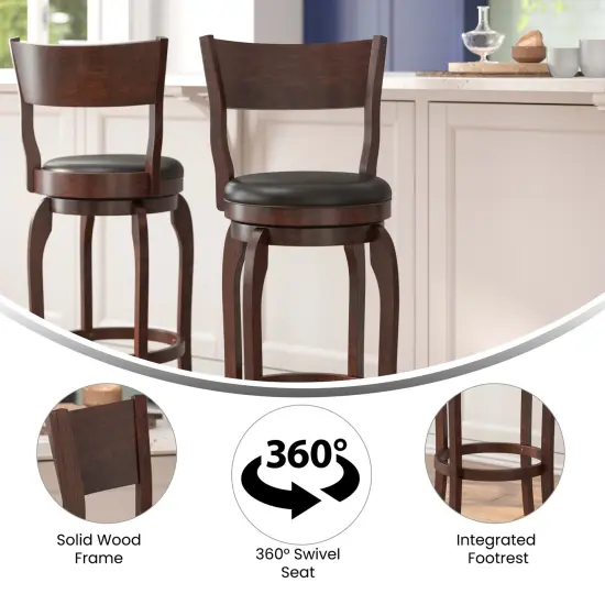 Merrick Lane Tally 30" Classic Wooden Open Back Swivel Bar Height Pub Stool with Upholstered Padded Seat and Integrated Footrest Espresso/Black {2}
