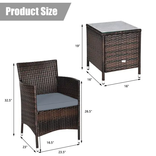 3 Pieces Patio Wicker Rattan Furniture Set with Steel Frame and Polyester Cushions Grey {5}