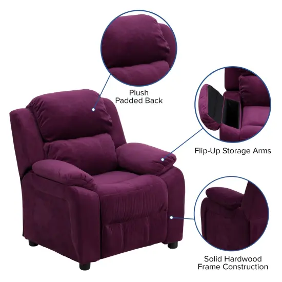 Emma and Oliver Deluxe Padded Contemporary Kids Recliner with Storage Arms Purple Microfiber {2}