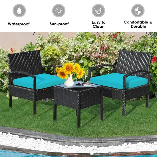 3 Pieces Outdoor Rattan Patio Conversation Set with Seat Cushions Turquoise {3}
