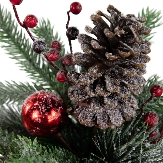 Northlight 12" Frosted Pine, Berries and Pine Cones Floral Arrangement in Tin Pot Green {7}