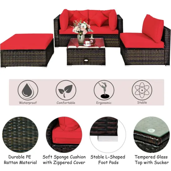 5 Pcs Outdoor Patio Rattan Furniture Set Sectional Conversation with Cushions Red {2}