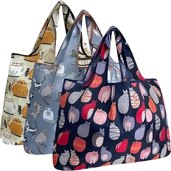 Wrapables Large Foldable Tote Nylon Reusable Grocery Bags, 3 Pack Purrr-fect Kitties {1}