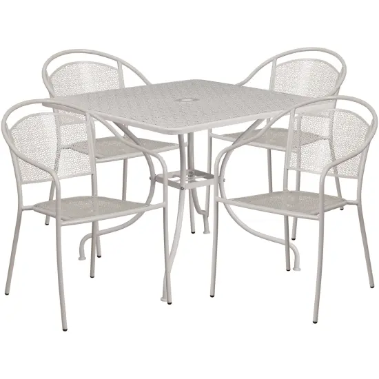 Emma and Oliver Commercial 35.5" Square Metal Garden Patio Table Set w/ 4 Round Back Chairs Light Gray {1}