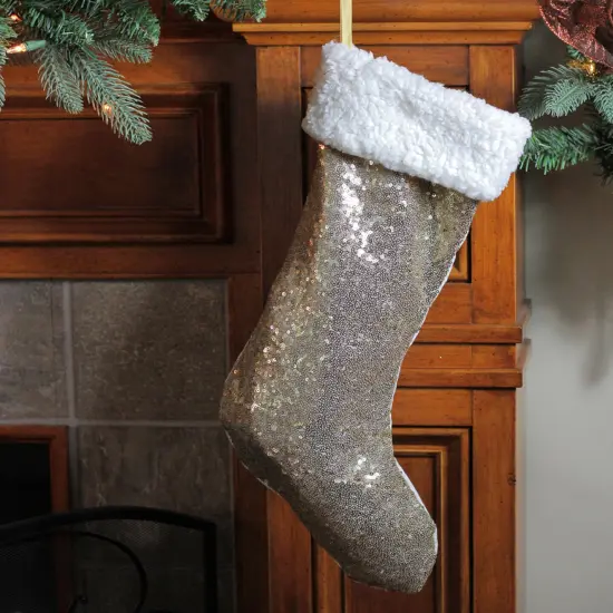 Northlight 18" Gold Paillette Sequins Christmas Stocking with High Pile Fleece Cuff {3}