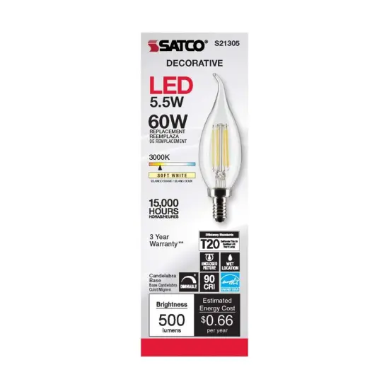 6Pk- Satco 5.5w CA10 LED 3000K Candelabra Base Dimmable - 60w equiv Warm White {4}