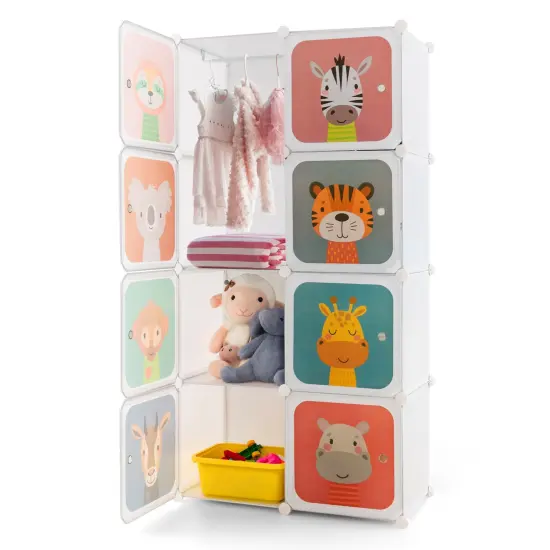 Costway 8-Cube Kids Wardrobe Baby Dresser Bedroom Armoire Clothes Hanging Closet with Doors Blue/Pink/White {1}