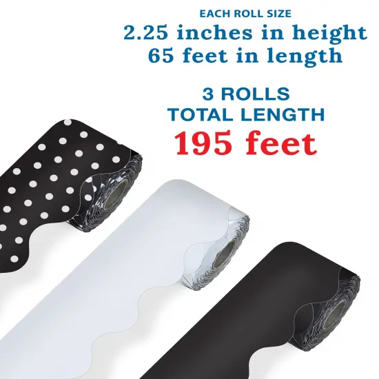 Carson Dellosa 3 Rolls of 195 Ft of Scallop Black and White Bulletin Board Borders Bundle,Classroom Borders for Bulletin, 65 Ft Per Bulletin Board Trim Roll {2}