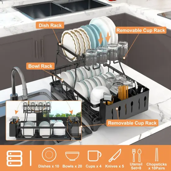 Dish Drying Rack with Drainboard Detachable 2-Tier Dish Rack Drainer Organizer Set with Utensil Holder Cup {3}