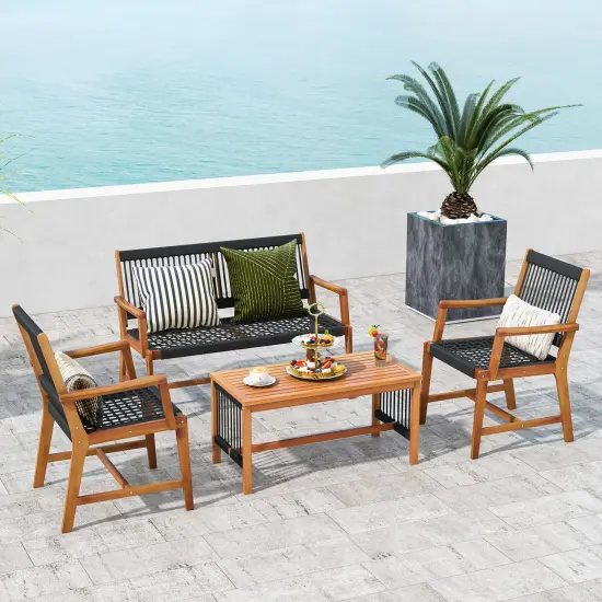 4 Pieces Acacia Wood Patio Conversation Table and Chair Set with Hand Woven Rope {2}