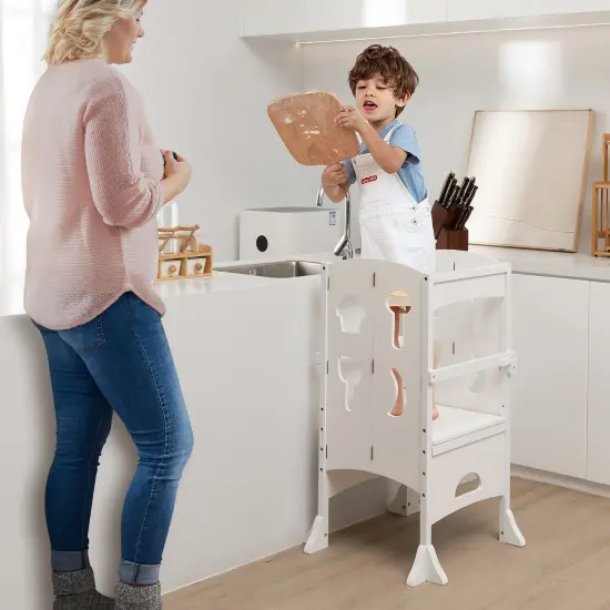 Costway Folding Kitchen Kids Step Ladder Stool Wooden Toddler Safety Tower Helper Coffee/White {9}