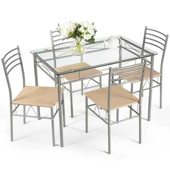 5 Pieces Dining Set Glass Table and 4 Chairs with Shelf Below The Top {6}