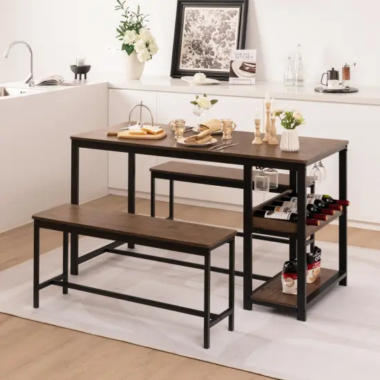 3 Pieces Dining Table Set for 4 with Wine Rack-Brown {6}