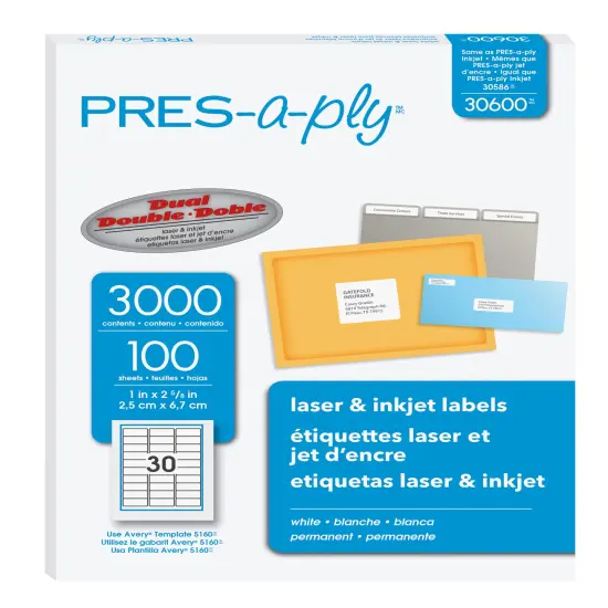 PRES-a-ply White Labels, 1" x 2-5/8", Permanent-Adhesive, 30-up, 3000 labels {1}