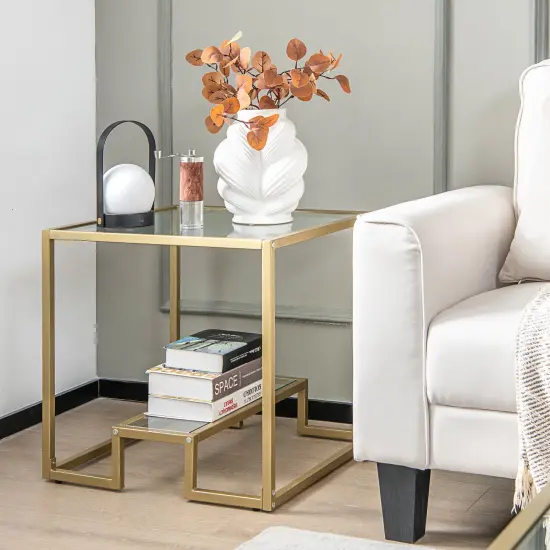 22 Inch 2-Tier Square Sofa Side Table with Tempered Glass Tabletop-Golden {1}