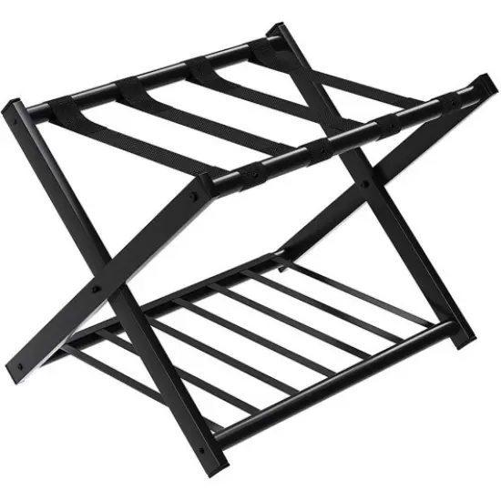 Black Metal Folded Suitcase Luggage Rack with Storage Shelf {1}