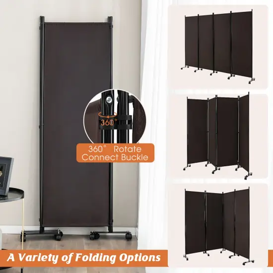 Costway 4-Panel Folding Room Divider 6FT Rolling Privacy Screen with Lockable Wheels Black/Brown/Grey/White {6}