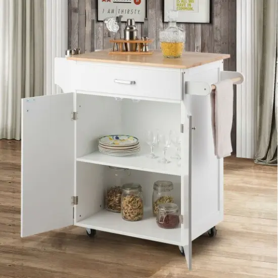 Rolling Kitchen Island Cart Storage Cabinet with Spice Rack-White {3}