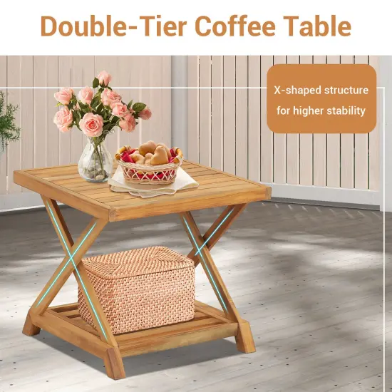 3 Pieces Patio Wicker Furniture Set with 2-Tier Side Table and Cushioned Armchairs-Natural {6}