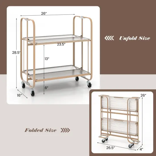 2-Tier Mobile Serving Cart with Tempered Glass Shelf-Golden {5}