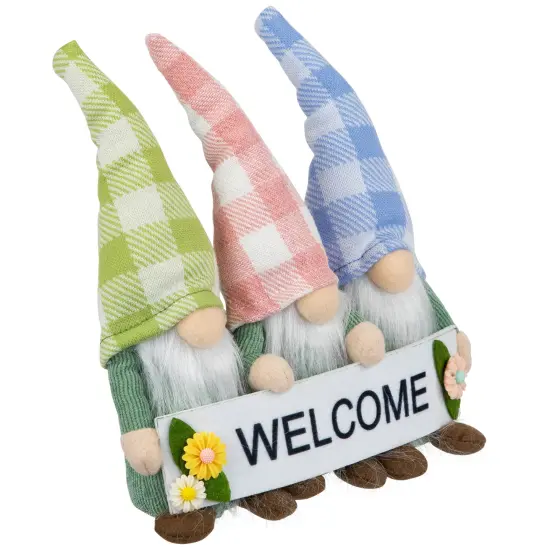 Northlight Gnome Trio with Welcome Banner Spring Table Decoration - 7" - Pastel Pink and Green {5}