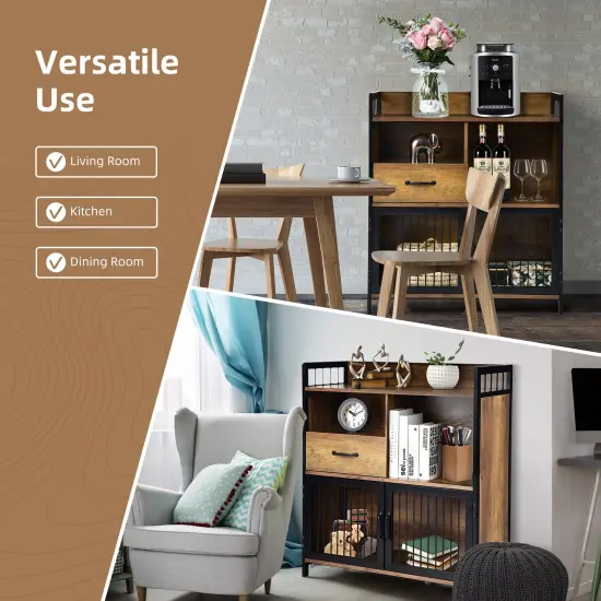 Buffet Cabinet with Drawer and Wood Storage Shelf for Kitchen-Rustic Brown {6}