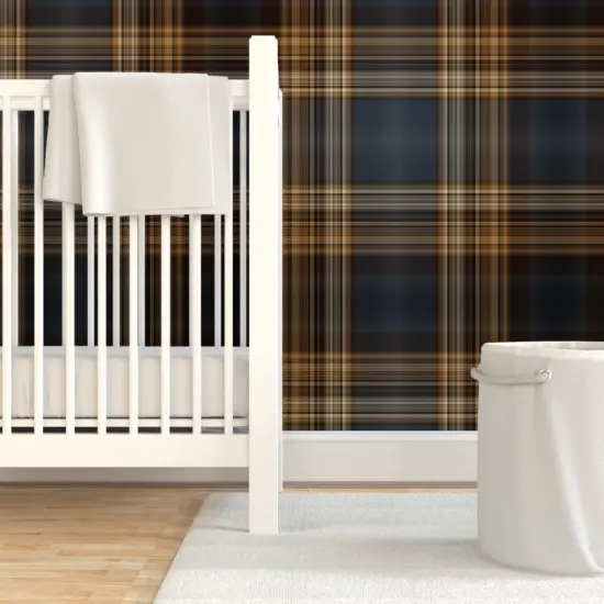 Pre-Pasted Wallpaper 2FT Wide Blue Brown Tartan Traditional English Scottish Masculine Rustic Large Scale Classic Style Elegant Custom Pre-pasted Wallpaper by Spoonflower {7}