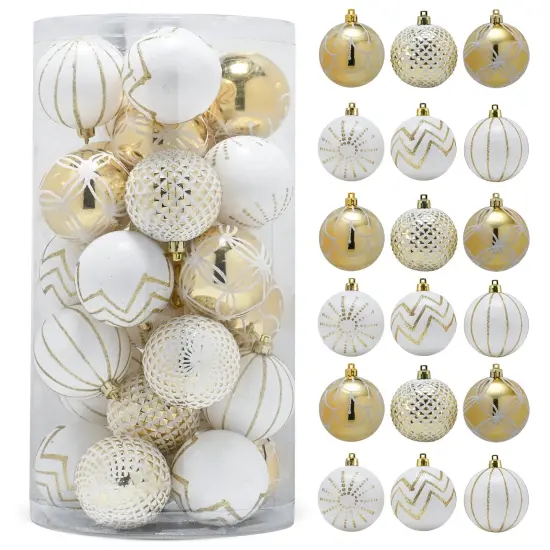RN&rsquo;D Christmas Decorative Ball Ornaments &ndash; White and Gold Christmas Ball Hanging Tree Ornament Set Assorted Designs - 30 Piece Set {1}