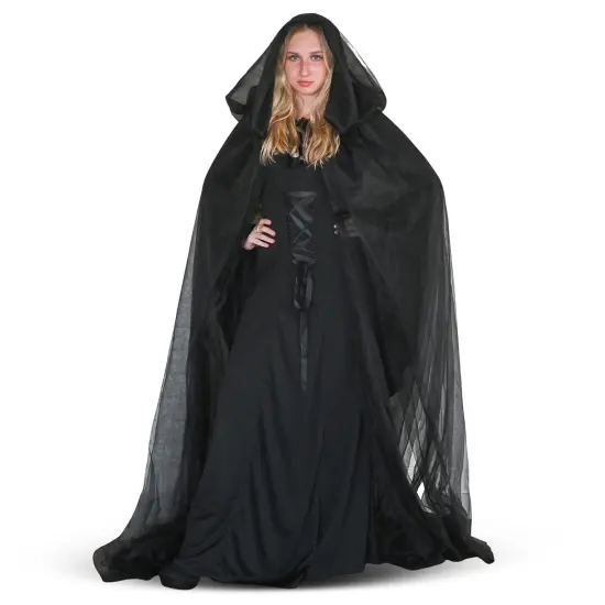 Black Hooded Tulle Cape - Long Chiffon Medieval Net Robe Vampire Bride Sheer Cloak Costume for Adults and Teens {1}
