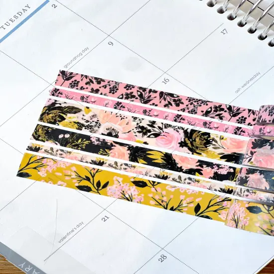 Black Pink & Gold Spring Floral Washi Tape Set (#W077) {3}