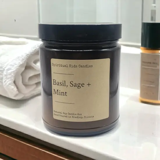 Basil, Sage & Mint Soy Candle 8oz 35-40 Hour Hand Poured with All Natural Soy Wax and Fragrant/ Essential Oils! {2}