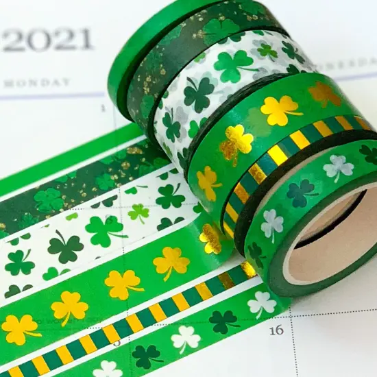 FOILED Shamrocks Green & Gold St Patricks Day Washi Tape Set (#W017) {1}