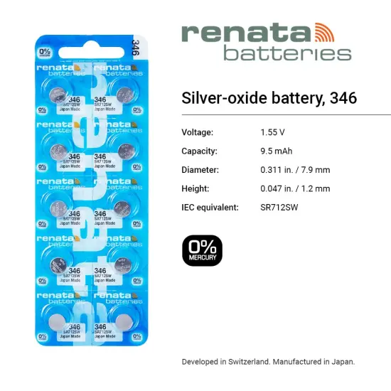 Renata Single Watch Battery Swiss Made Renata 346 or SR 712 SW 1.55V (3 Batteries, 346 or SR 712 SW) {2}