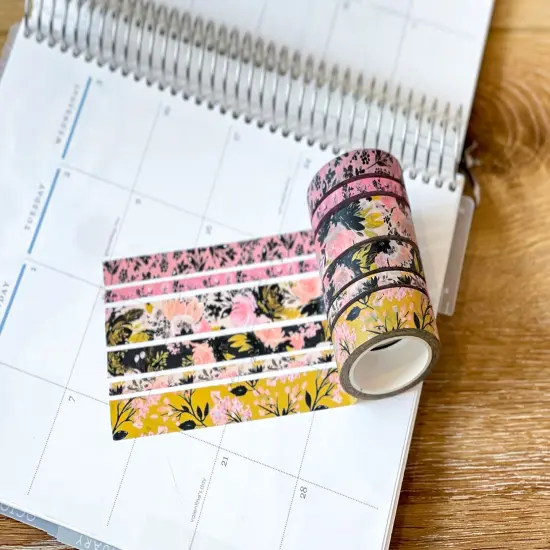 Black Pink & Gold Spring Floral Washi Tape Set (#W077) {4}