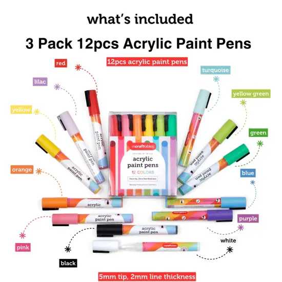 3 PACK - Incraftables Acrylic Paint Pens (12 Colors). Paint Markers for Rocks, Canvas, Wood, Plastic, Fabric, Metal & Glass. Best Acrylic Paint Markers. Stone & Rock Painting Markers Set for Kids & Adults {2}
