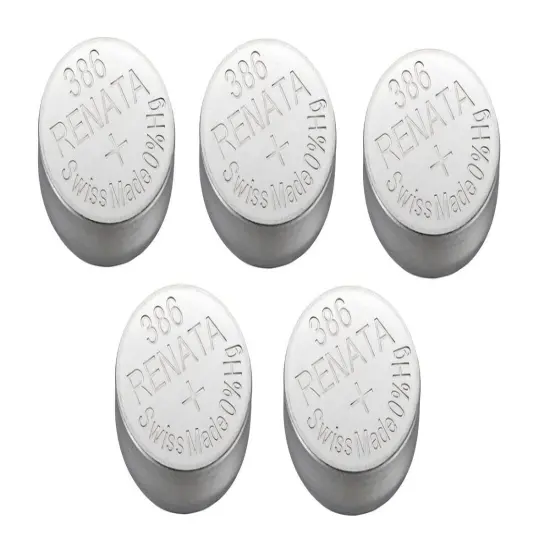 Renata Watch Battery Swiss Made Renata 386 or SR43SW Or AG12 1.5V (5 Batteries, 386 or SR 43 SW) {1}
