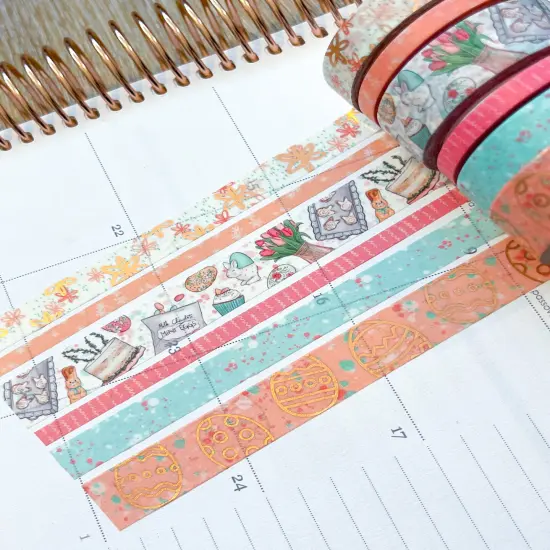 FOILED Easter Rose Gold Bunnies & Flowers Peach & Blue Washi Tape Set (#W055) {6}