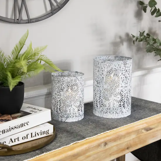 Northlight Laser-Cut Floral Iron Pillar Candle Holders - 10" - Gray and White - Set of 2 {3}