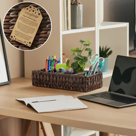 Casafield Set of 2 Water Hyacinth Divided Basket Organizers - Woven Bins for Bathroom, Bedroom, Laundry, Pantry, Shelves {2}