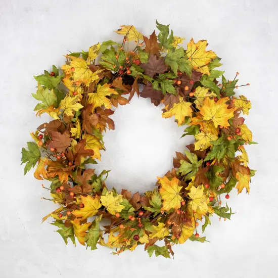 Northlight Maple Leaves and Berries Artificial Twig Fall Harvest Wreath - 30" Yellow {4}