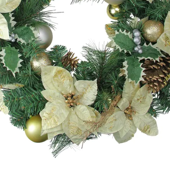 Northlight Glitter Poinsettia and Pine Cone Artificial Christmas Wreath - 24" - Unlit White {4}