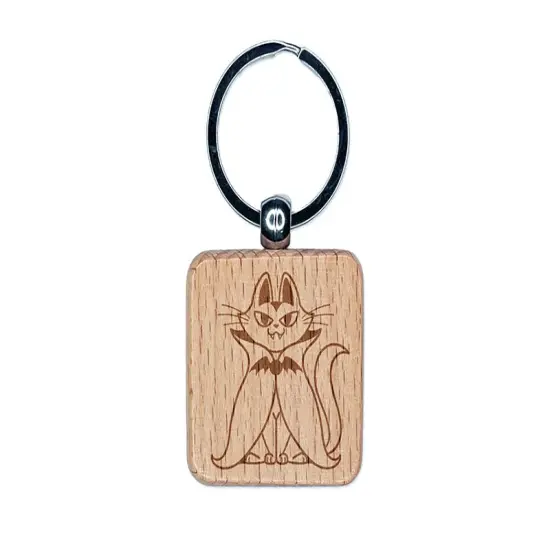 Vampire Cat Halloween Engraved Wood Square Keychain Tag Charm {1}